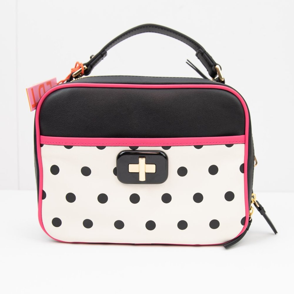 LDT "Jill" Purse Leather Crossbody Polkadot Lunchbag Bag Black Pink Gold New - Picture 2 of 15